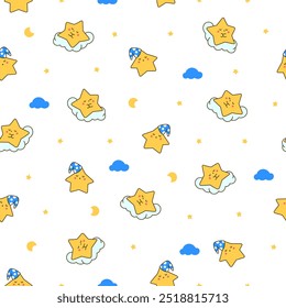 Cute kawaii stars character with different happy expression activity. Seamless pattern. Hand drawn style. Vector drawing. Design ornaments.