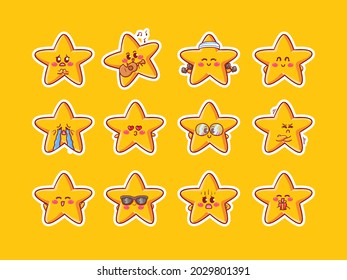 Cute and Kawaii Stars Character Sticker Illustration Set With Various Activity and Happy Expression for mascot badge