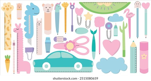 Cute kawaii stationery set. Vector school supplies set. Rulers, pens, pencils. memo stickers, glue stick, scissor, paper clip