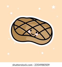 Cute Kawaii Steak is isolated on a brown background. Vector - Illustration.