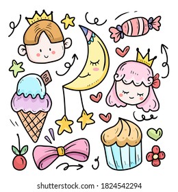 Cute kawaii sticker cartoon set item with prince vector icon