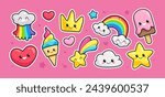 Cute Kawaii sticker collection of funny unicorn ice cream, rainbow, baby cloud, happy star, heart, cartoon crown emoti (Doodle vector pattern). Colorful kawaii elements for kids design 