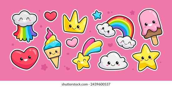 Cute Kawaii sticker collection of funny unicorn ice cream, rainbow, baby cloud, happy star, heart, cartoon crown emoti (Doodle vector pattern). Colorful kawaii elements for kids design 