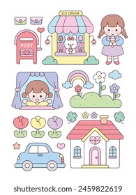 Nette Kawaii Aufkleber Mädchen mit Haus, Auto und Geschäft Blumen Doodle Illustration