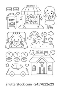 Cute Kawaii sticker Girl with house and store flowers doodle coloring page illustration