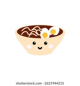 Cute kawaii sticker of a miso soup bowl with tofu, seaweed, and fish, in fun vector style. Perfect for Japanese food menu, planners, scrapbooks, sticker pack