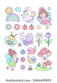 Cute Kawaii stickers fairy bunny with mushroom house and flowers doodle illustration