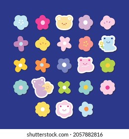 Cute kawaii stickers. Icons with bear and flowers. Amazing flat minimal vector design