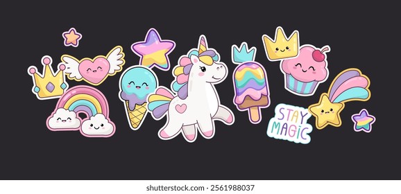 Cute Kawaii stickers pack collection of funny unicorn ice cream, rainbow, baby cloud, happy star, heart, cartoon crown emoti. Colorful kawaii elements for kids design. Vector collection