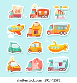 Cute kawaii stickers set of cartoon transport. Suitable in design for children. Vector illustration in bright colors