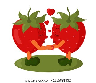 Cute kawaii strawberries holding hands with closed eyes and hearts. Colored isolated cartoon vector illustration in flat design with shadows.