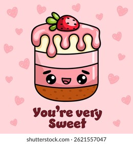 Cute kawaii strawberry cake. Greeting card with funny sweet character template.