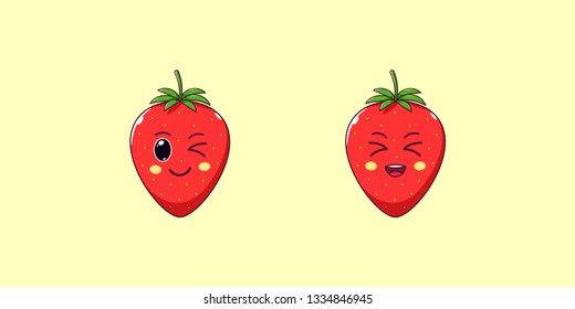 Cute Kawaii Strawberry, Cartoon Ripe Fruit. Vector illustration of Cartoon Red Strawberry with Winking and Laughing Face, Funny Emoji. Juicy Berry Sticker. Print for T-shirt. Friendly Character