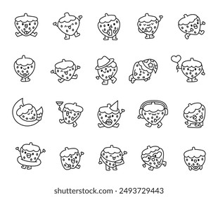 Cute kawaii strawberry character. Coloring Page. Funny summer berry character. Hand drawn style. Vector drawing. Collection of design elements.