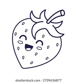 Netter Kawaii Strawberry Charakter. Handgezeichnete Vektorgrafik mit einem Zeichentricksymbol. Streetart Strawberry Charakter im Doodle-Stil. Malvorlage