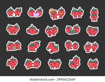 Linda pareja de fresas kawaii con caras sonrientes. Marcador de pegatinas. Adorables amigos de la baya de verano. Estilo dibujado a mano. Dibujo de Vector. Colección de Elementos de diseño.