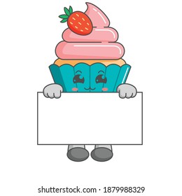Cute kawaii strawberry cupcake characters standing behind a board