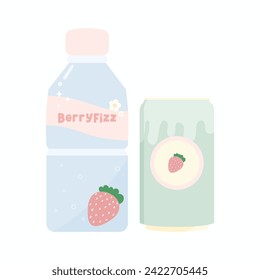 Cute kawaii strawberry drinks in bottle and can vector