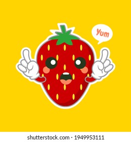 cute and kawaii strawberry fruit character. can be used in restaurant menu, cooking books and organic farm label. Healthy food. Tasty vegan . Organic product. Culinary ingredient.