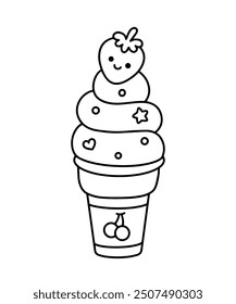 Cute kawaii strawberry ice cream coloring page illustration for kids