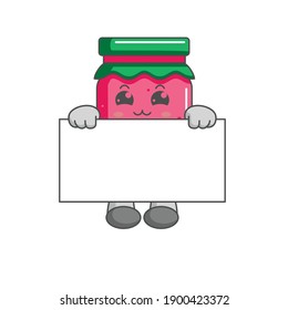 Cute kawaii strawberry jam characters standing behind a board