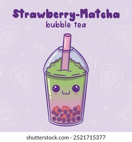 Lindos Kawaii Morango Matcha Bolha Chá Ilustração