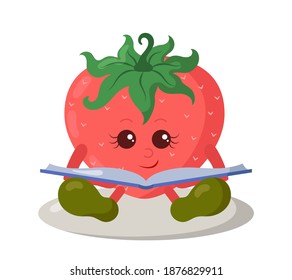 Cute kawaii strawberry reading book in doodle style with shadows. Isolated colored funny fruit cartoon vector illustration	