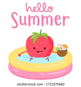 A cute kawaii strawberry relaxing in a pool enjoying a drink from a coconut.