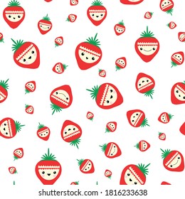 Cute kawaii strawberry seamless vector pattern background. Happy smiling and laughing berry cartoon faces on white backdrop. Fun quirky illustration.All over print for kids summer healthy food concept