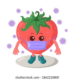 Cute kawaii strawberry with shoes and medical mask surrounded by viruses. Colored isolated natural vector illustration in flat design with shadows