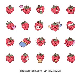 Cute kawaii strawberry with a smiling face. Adorable summer berry character. Hand drawn style. Vector drawing. Collection of design elements.