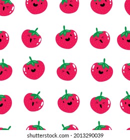 Cute kawaii strawberry summer fruit seamless pattern. Fruit smiling berry pattern. Stock vector illustration on a white background.