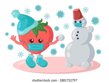 Cute kawaii strawberry with winter shoes, warm hat and medical protective mask making a snowman surrounded by snowflakes and viruses. Colored isolated vector illustration in flat design with shadows	