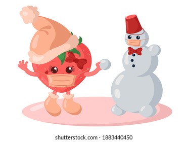 Cute kawaii strawberry with winter shoes, warm hat and medical protective mask making a snowman surrounded by snowflakes and viruses. Colored isolated vector illustration in flat design with shadows	