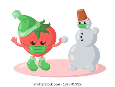 Cute kawaii strawberry with winter shoes, warm hat and medical protective mask making a snowman. Colored isolated vector illustration in flat design with shadows	