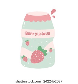 Cute kawaii strawberry yogurt drink vector
