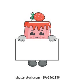 cute kawaii strawberrypudding characters standing behind a board