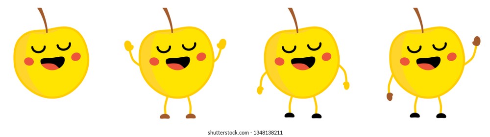 Cute kawaii style Apple fruit icon, eyes closed, smiling with open mouth. Version with hands raised, down and waving.