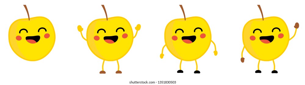 Cute kawaii style Apple fruit icon, eyes closed, smiling with open mouth. Version with hands raised, down and waving.