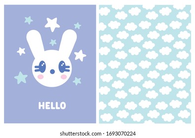 Cute Kawaii Style Baby Shower Vector Illustration and Seamless Pattern. Sweet White Baby Bunny Isolated on a Violet Background. Print with White Fluffy Clouds on a Light Blue Sky. Lovely Nursery Art.