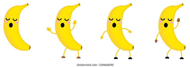 Cute kawaii style Banana fruit icon, eyes closed, mouth open. Version with hands raised, down and waving.