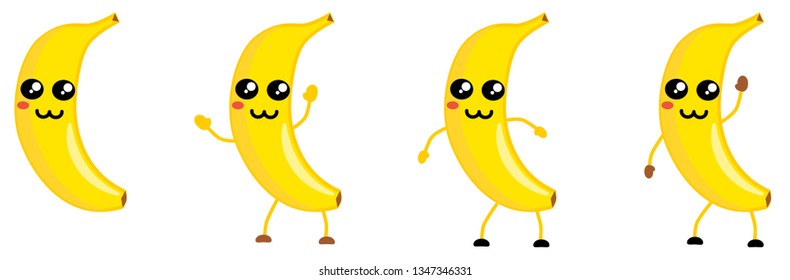 Cute kawaii style Banana fruit icon, large eyes, animal like nose. Version with hands raised, down and waving.