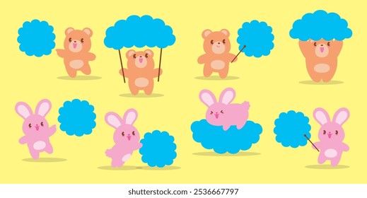 cute kawaii style bear and rabbit character cartoon in various poses illustration vector