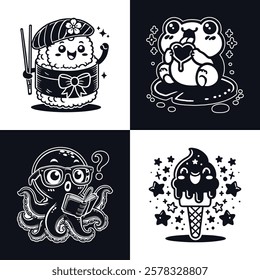 Cute kawaii style black and white design, Kawaii characters design bundle