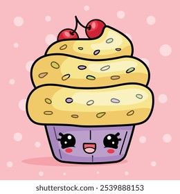 Cute kawaii style cake,funny isolated sweet vector illustration