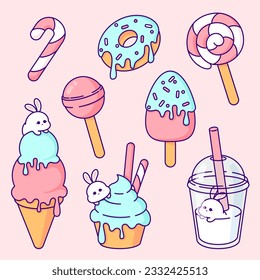 Cute Kawaii Style Candy Illustrations Vector Set