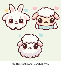 Cute Kawaii Style Cartoon Animals, Sheep, Rabbit, Vector Illustration, Artwork