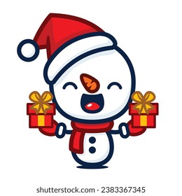 Cute And Kawaii Style Christmas Snowman Cartoon Character With Present Box