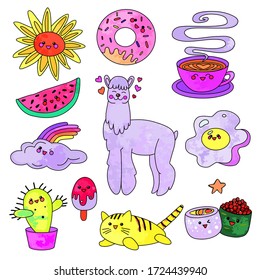 Cute kawaii style collection set. Sweet llama, donut, cactus, sweets, ice cream, cat, rainbow, cloud, cup of coffee. Lovely baby style vector illustration isolated on white background