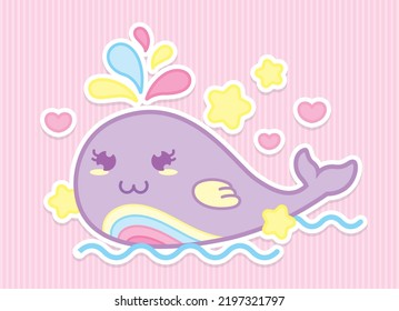 cute kawaii style colorful pastel whale character illustration vector